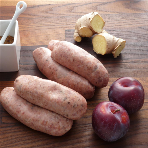 Pork, plum & ginger sausages. 6/pack. min 400g