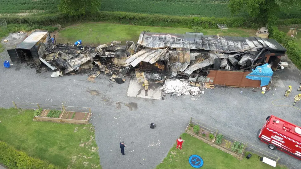 aerial view of Wenlock Farm Shop after it was burnt down on 26 May 2025