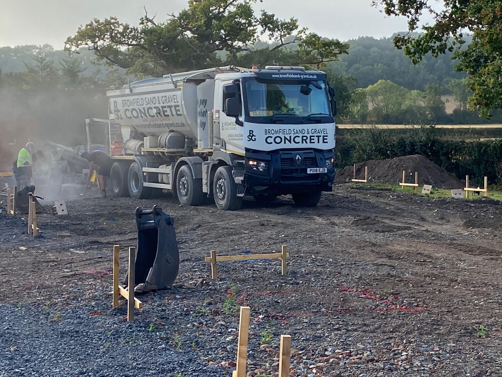 Wenlock Edge Farm Shop site marked out and concrete being poured in footings.